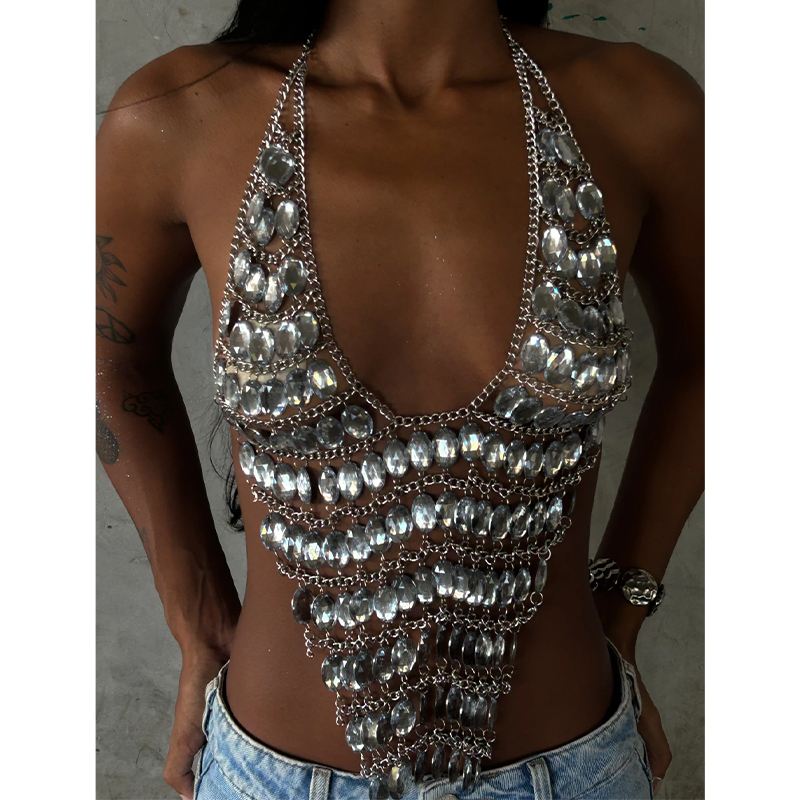 Top corto halter sin espalda h - Body Jewelry Rhinestone reseña y precio