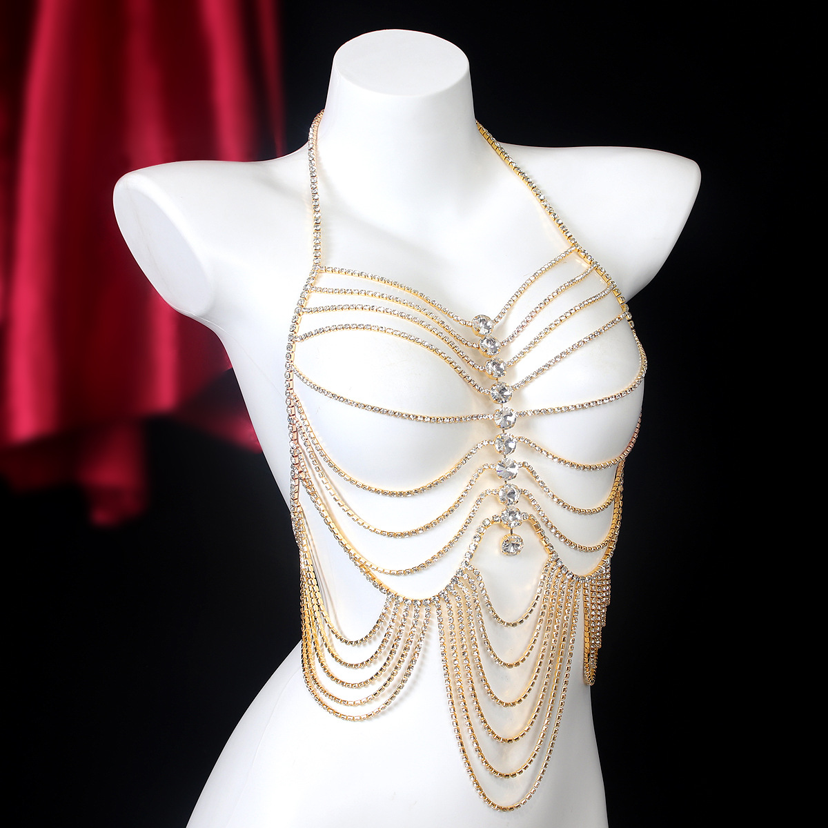 Lujosa cadena de pecho de diam - Body Jewelry Rhinestone reseña y precio